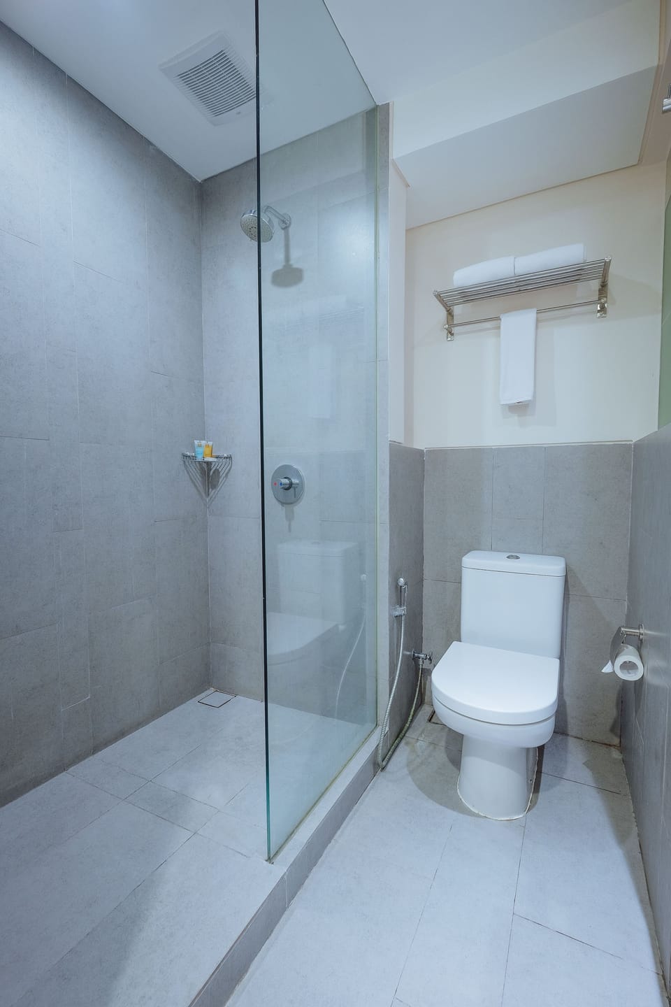 Shower, free toiletries, hair dryer, slippers