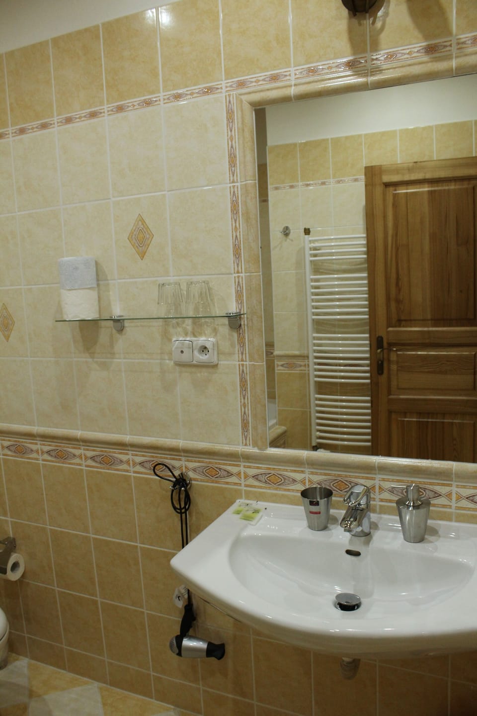 Hair dryer, towels, soap, shampoo