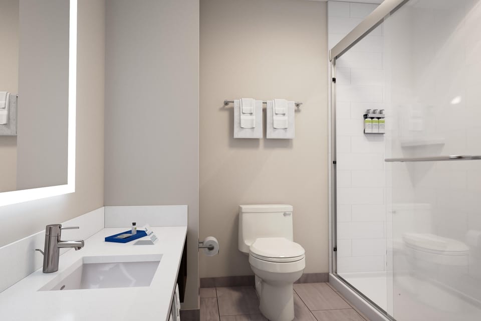 Combined shower/tub, free toiletries, hair dryer, towels