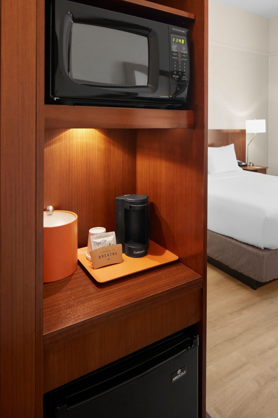 Desk, laptop workspace, blackout drapes, iron/ironing board