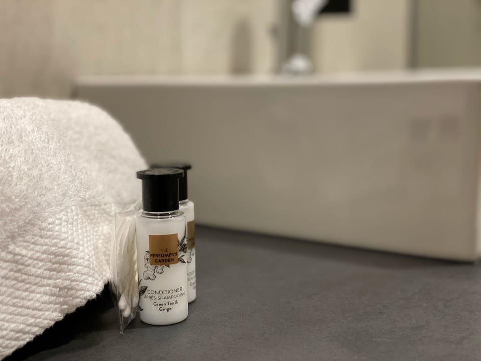 Shower, rainfall showerhead, eco-friendly toiletries, hair dryer