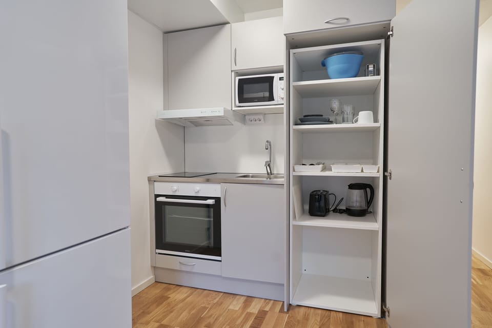Studio, 2 Twin Beds | Private kitchen | Fridge, microwave, oven, stovetop