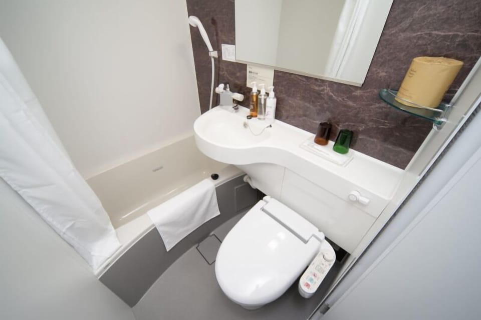 Combined shower/tub, free toiletries, hair dryer, slippers