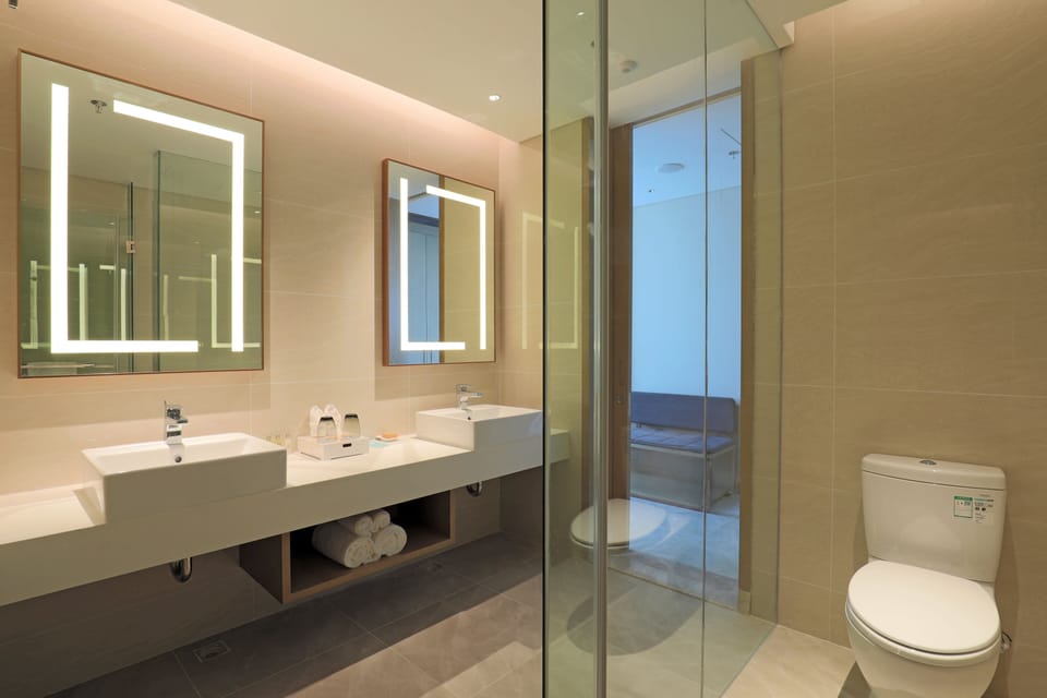 Shower, rainfall showerhead, free toiletries, hair dryer