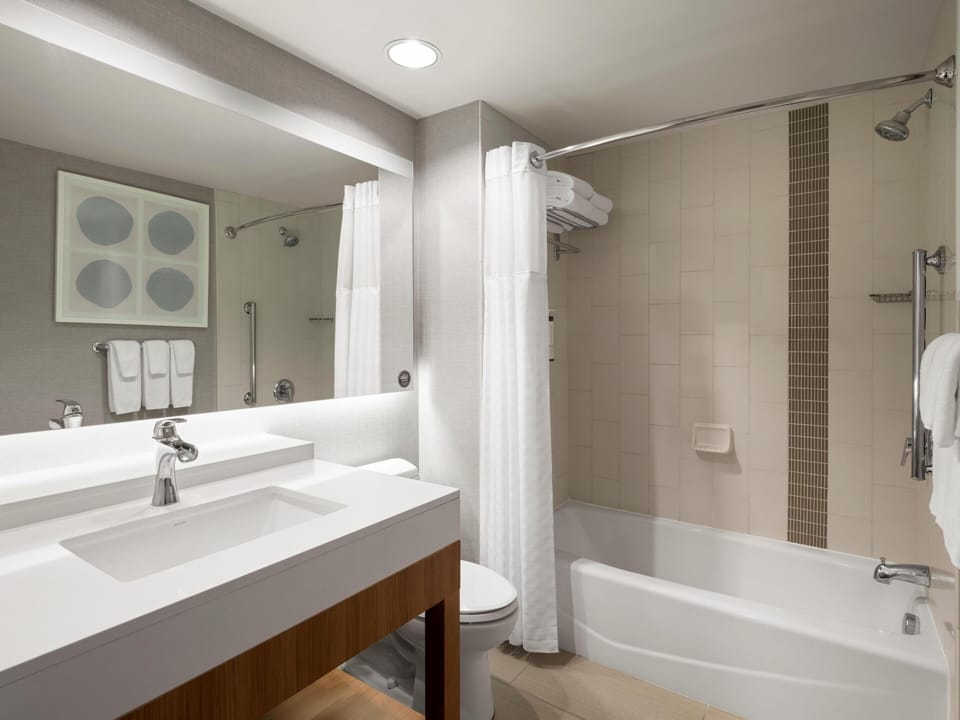 Designer toiletries, hair dryer, towels