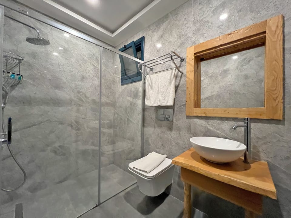 Shower, rainfall showerhead, hair dryer, slippers