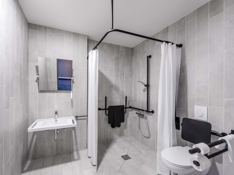 Shower, hair dryer, soap, shampoo