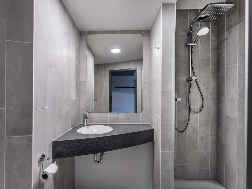 Shower, hair dryer, soap, shampoo