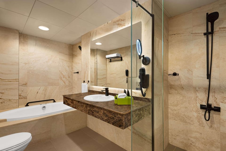 Hair dryer, bidet, towels, soap