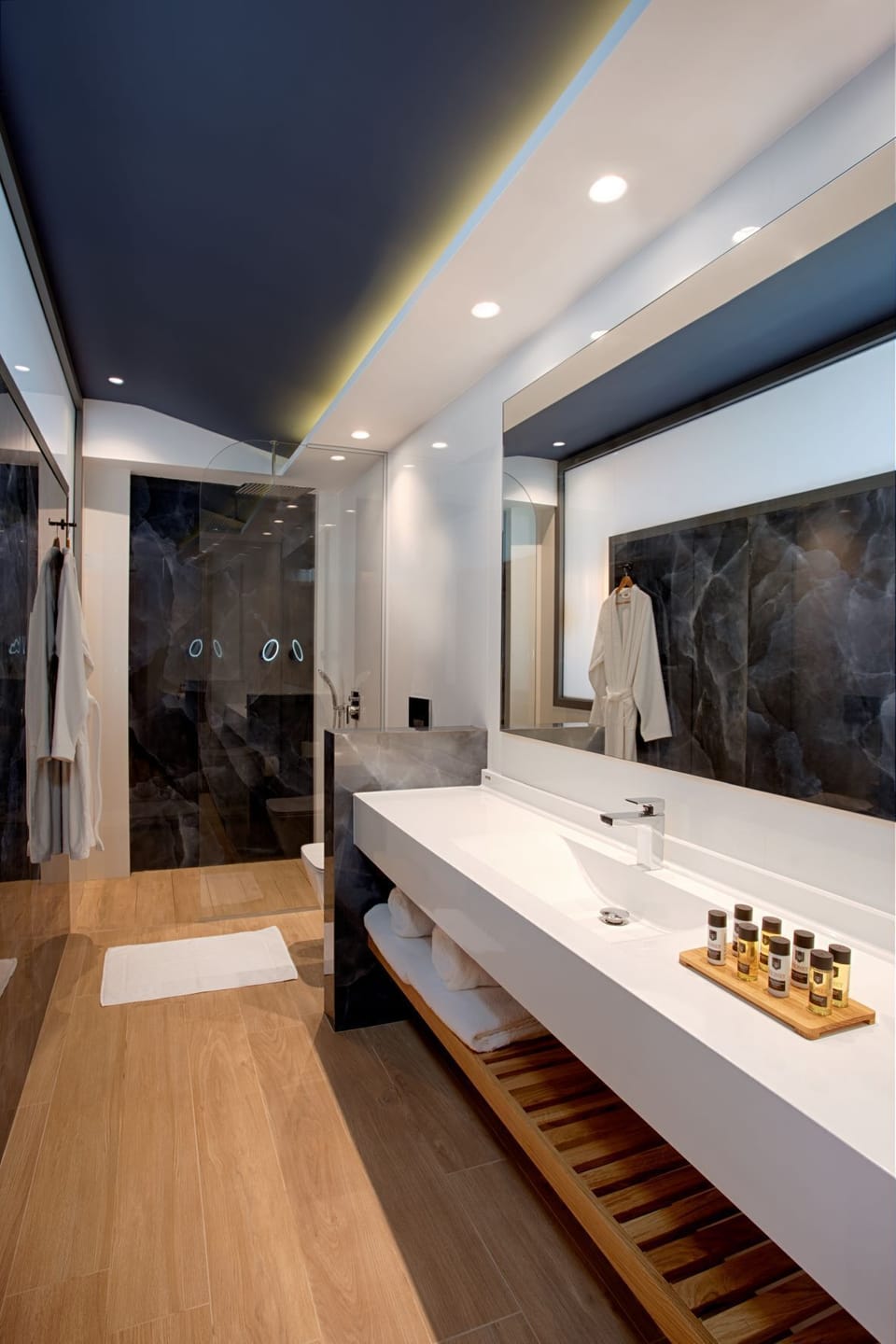 Shower, rainfall showerhead, hair dryer, bathrobes