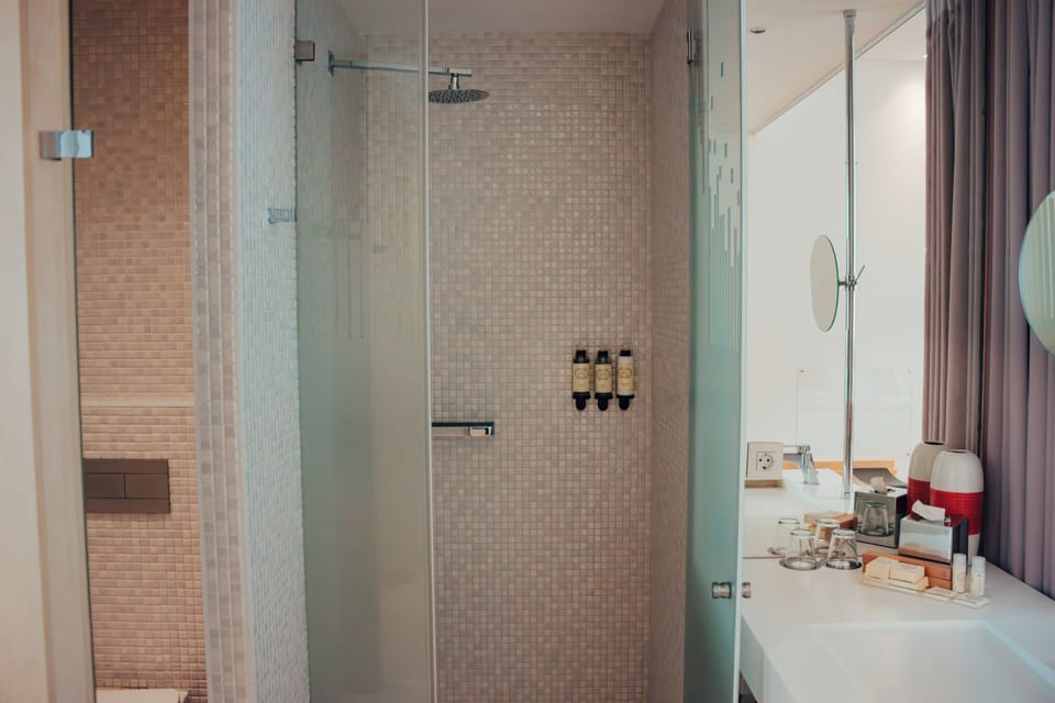 Shower, free toiletries, hair dryer, towels