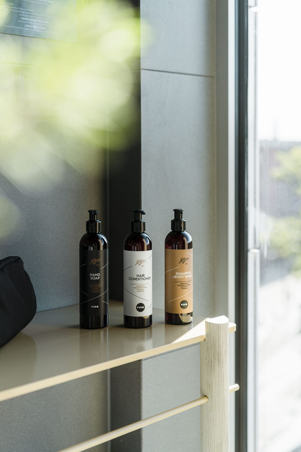 Designer toiletries, hair dryer, heated floors, towels