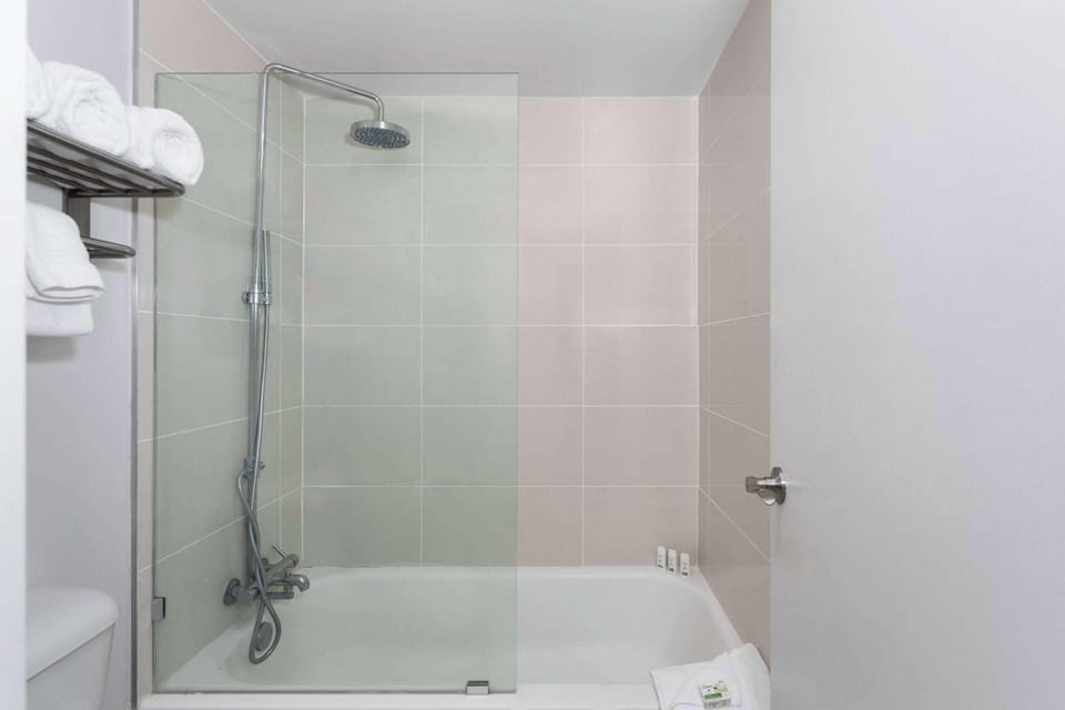 Combined shower/tub, free toiletries, hair dryer, towels