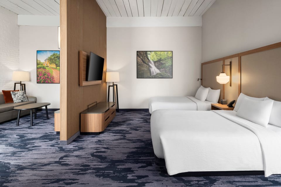 Down comforters, desk, laptop workspace, blackout drapes