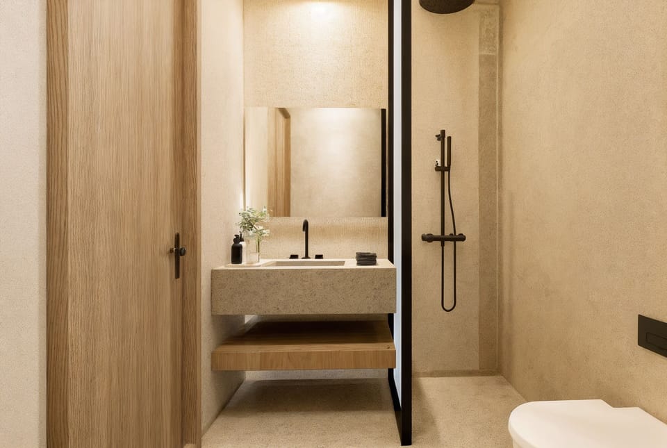 Shower, rainfall showerhead, hair dryer, towels