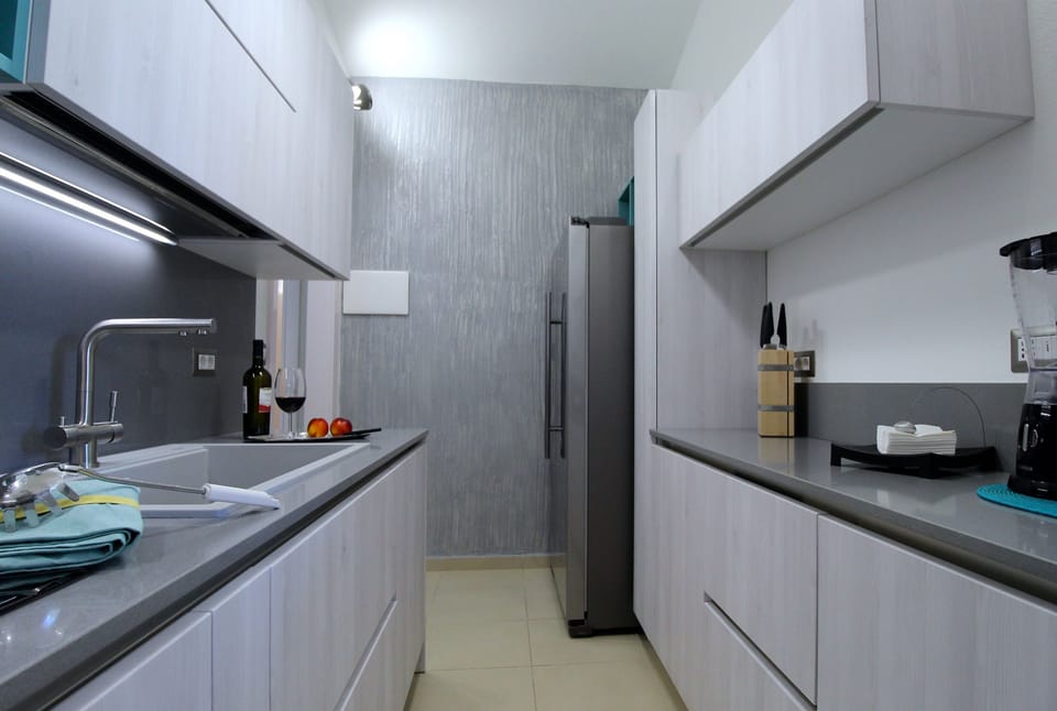 Full-size fridge, oven, stovetop, dishwasher