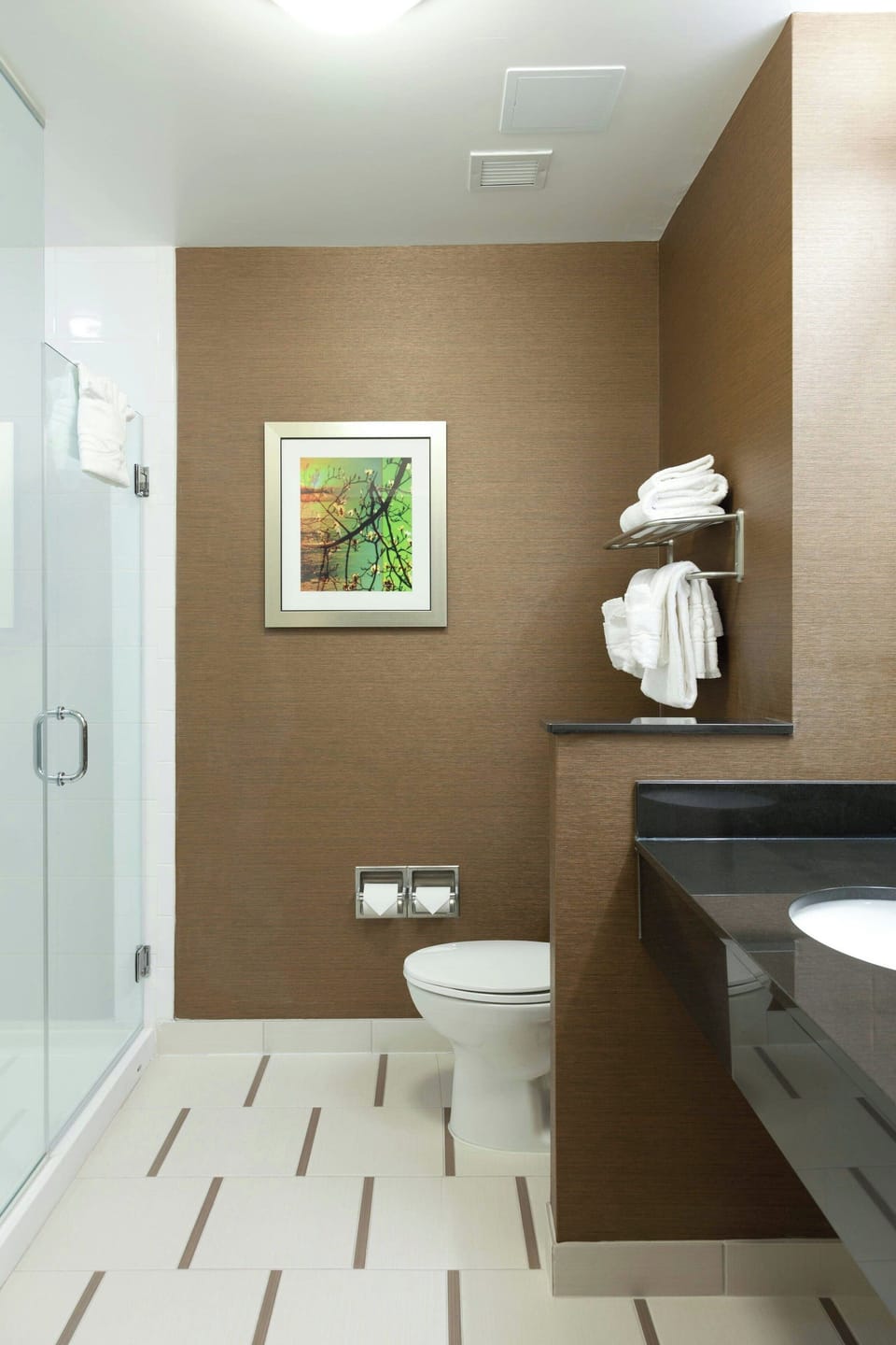 Combined shower/tub, free toiletries, hair dryer, towels