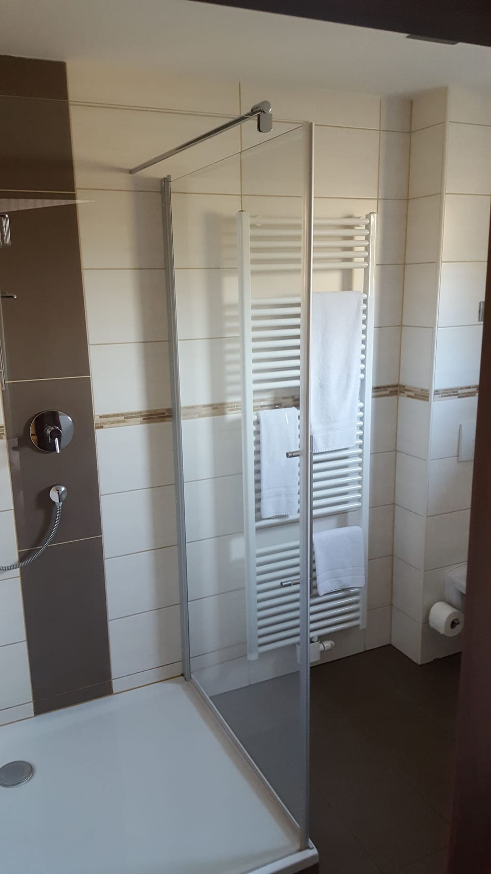 Shower, rainfall showerhead, free toiletries, hair dryer