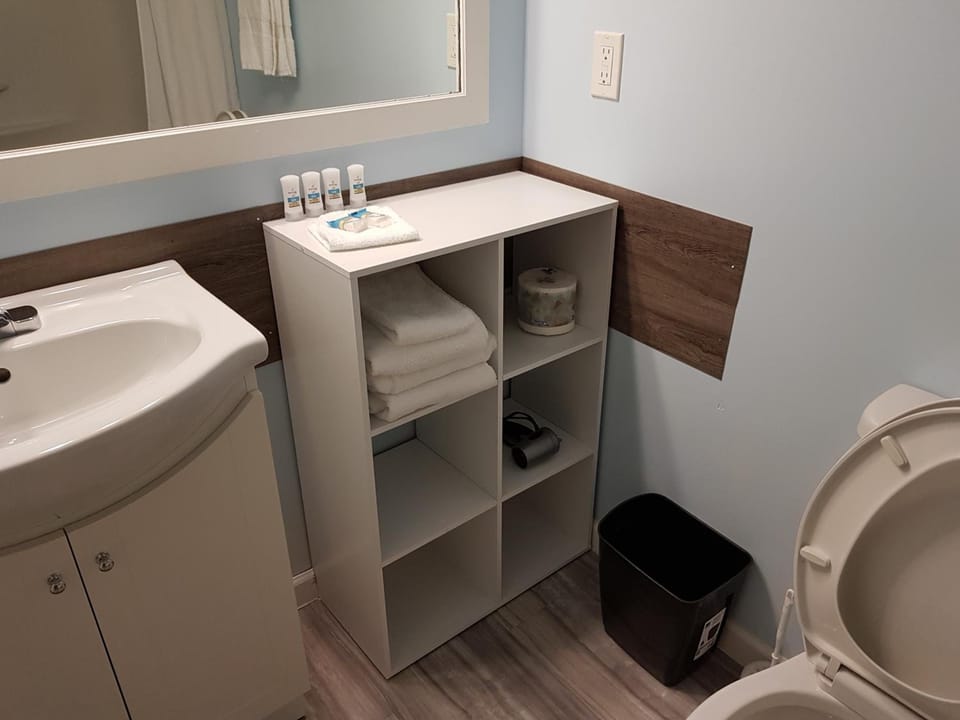 Combined shower/tub, free toiletries, towels, soap