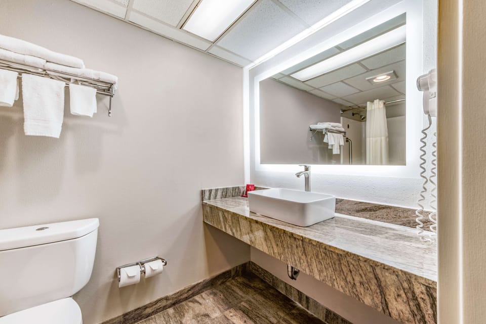 Combined shower/tub, free toiletries, hair dryer, towels