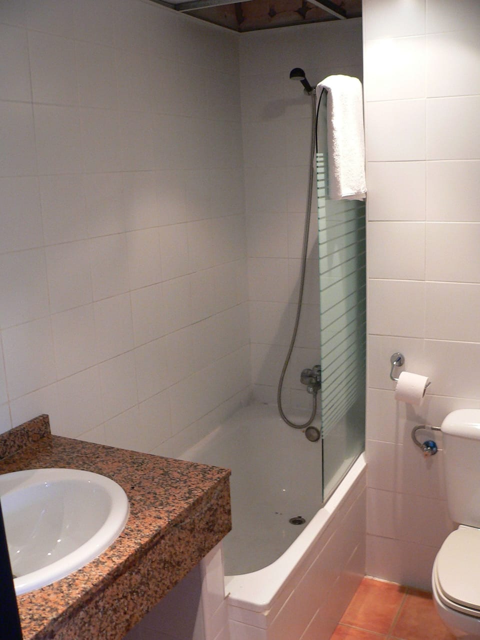 Shower, hair dryer, towels, shampoo