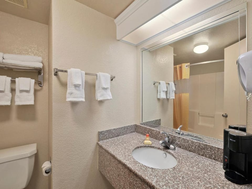 Combined shower/tub, free toiletries, hair dryer, towels