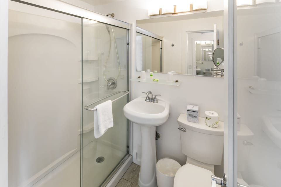 Ocean Corner Suite 1 King Bed  | Bathroom | Shower, free toiletries, hair dryer, towels