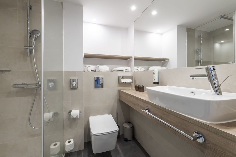 Shower, hair dryer, soap, toilet paper