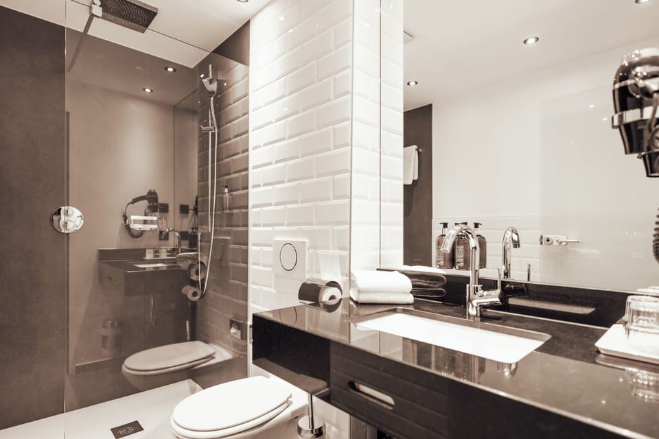 Hair dryer, towels, soap, shampoo