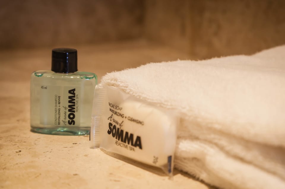 Shower, free toiletries, towels
