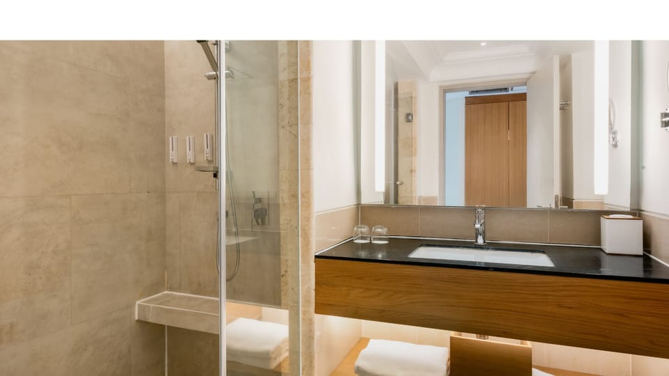 Rainfall showerhead, hair dryer, bathrobes, slippers