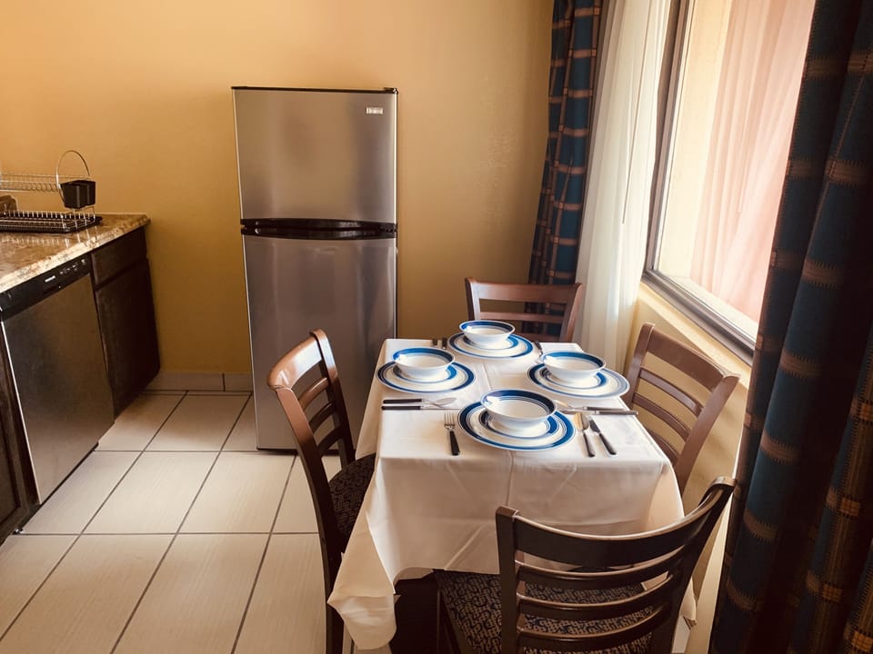 Mini-fridge, microwave, coffee/tea maker