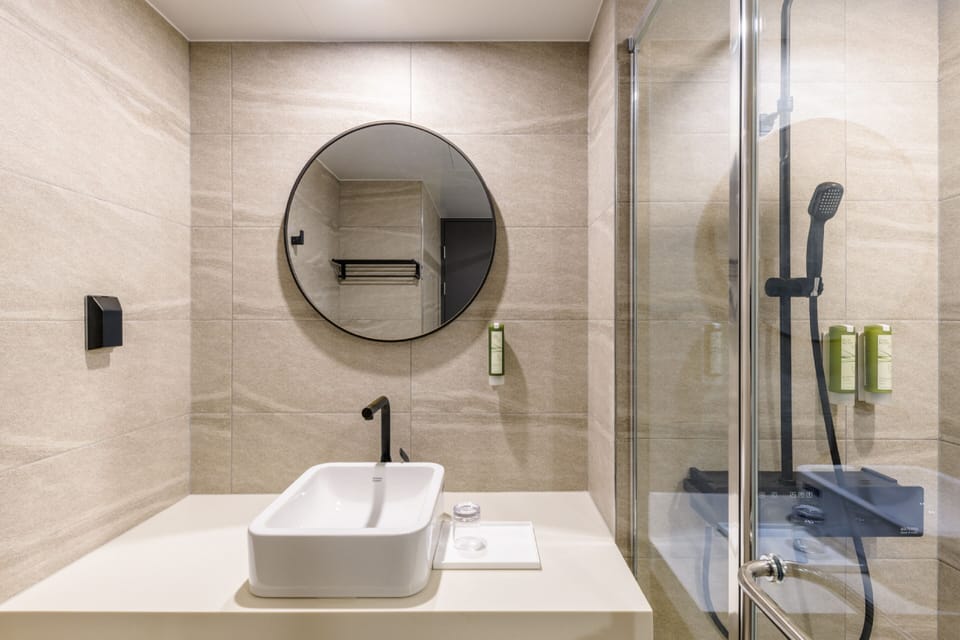 Shower, rainfall showerhead, hair dryer, bathrobes