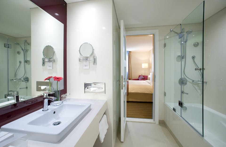 Combined shower/tub, free toiletries, hair dryer, bathrobes