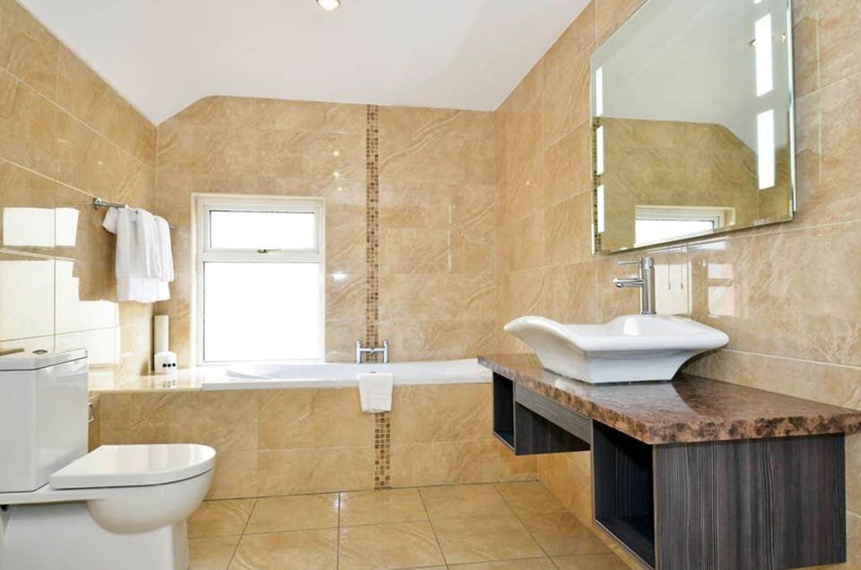 Combined shower/tub, free toiletries, hair dryer, towels