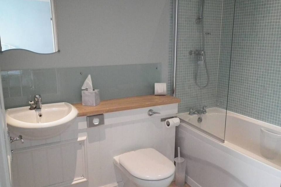 Combined shower/tub, towels, soap, shampoo
