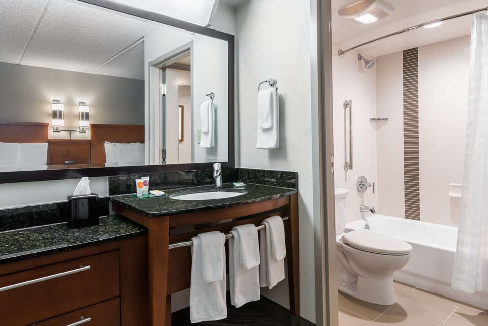 Designer toiletries, hair dryer, towels