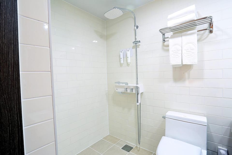 Shower, hair dryer, slippers, towels