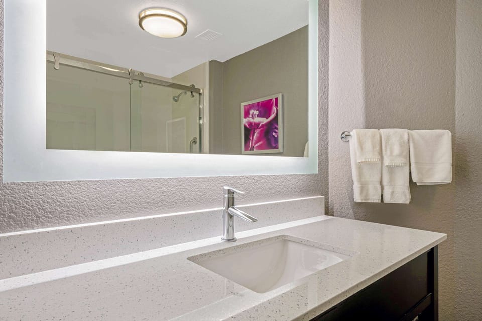 Combined shower/tub, free toiletries, hair dryer, towels