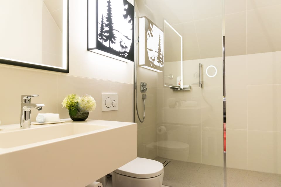 Designer toiletries, hair dryer, bathrobes, slippers