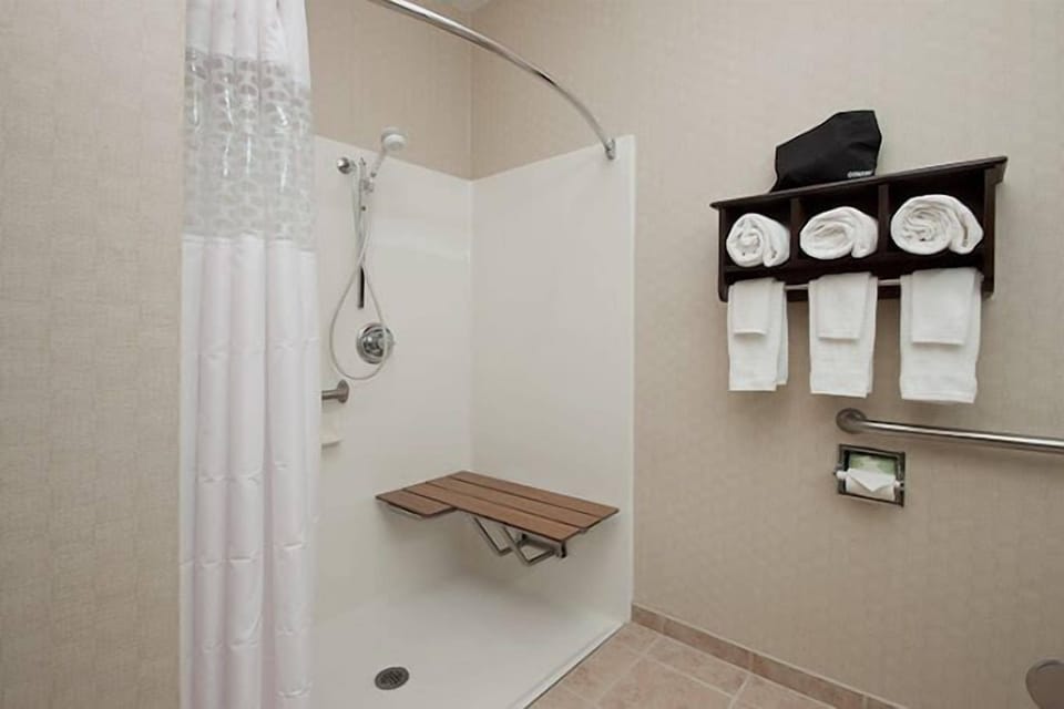 Combined shower/tub, free toiletries, hair dryer, towels
