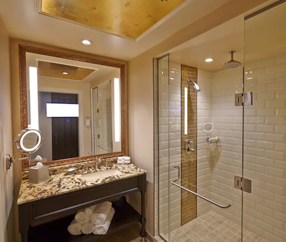 Shower, rainfall showerhead, free toiletries, hair dryer