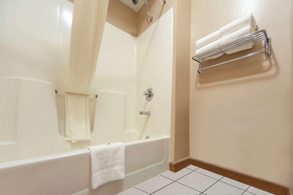 Combined shower/tub, hair dryer, towels
