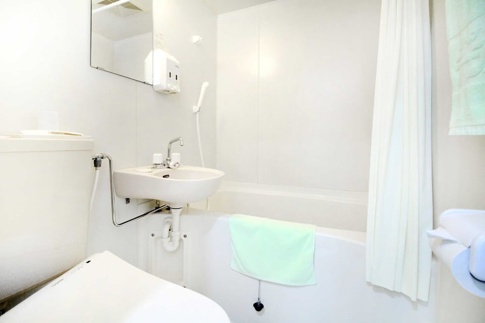 Combined shower/tub, free toiletries, hair dryer, slippers