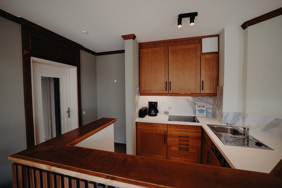 Fridge, stovetop, dishwasher, coffee/tea maker