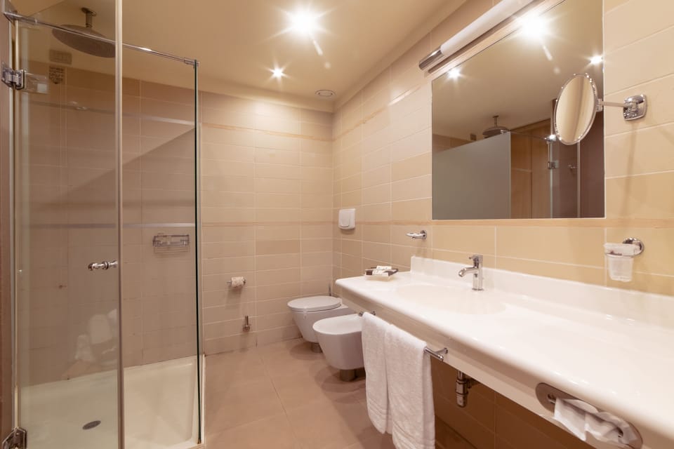 Shower, free toiletries, hair dryer, bathrobes
