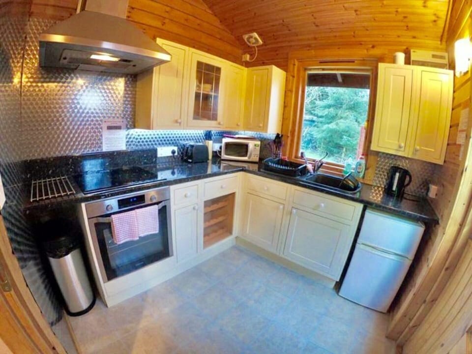 Cabin | Private kitchen | Fridge, microwave, oven, stovetop
