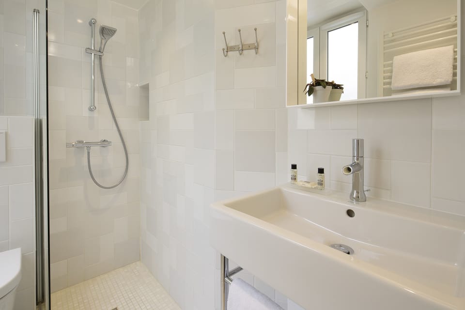 Shower, eco-friendly toiletries, hair dryer, towels