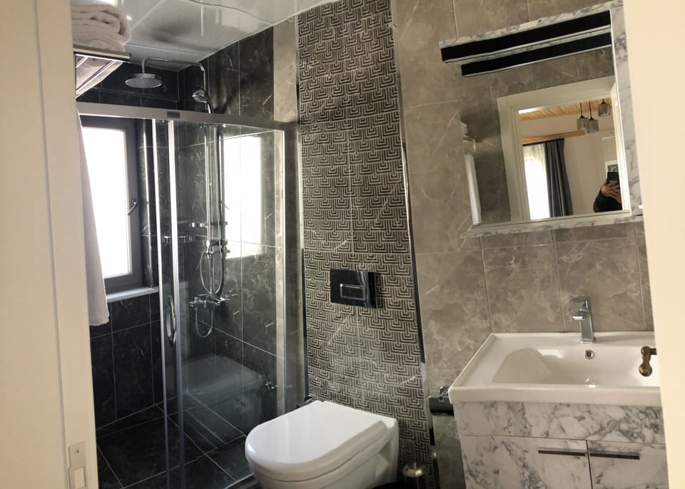 Shower, free toiletries, hair dryer, slippers