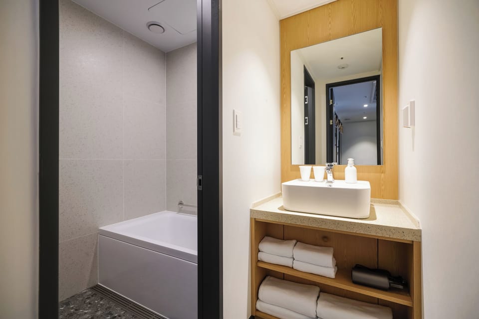 Combined shower/tub, hair dryer, slippers, bidet